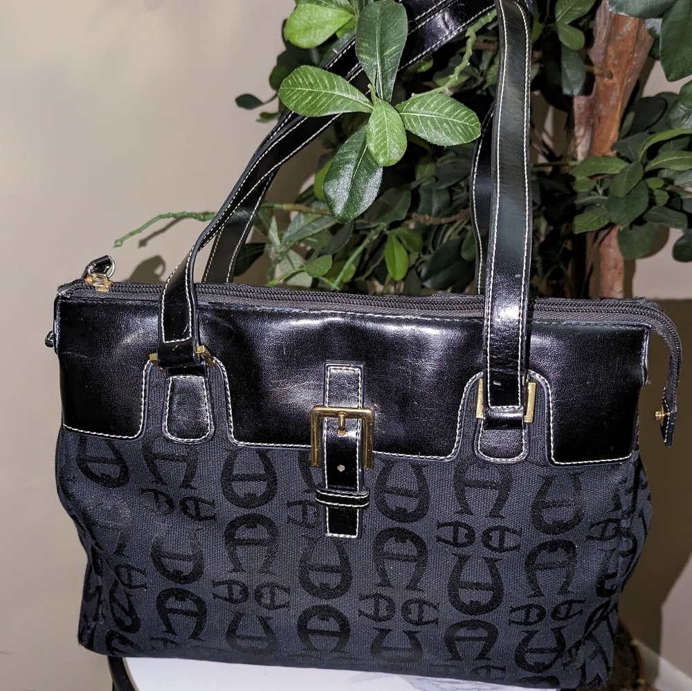 Etienne Aigner Black Monogram Shoulder Bag with Gold Tone Buckle